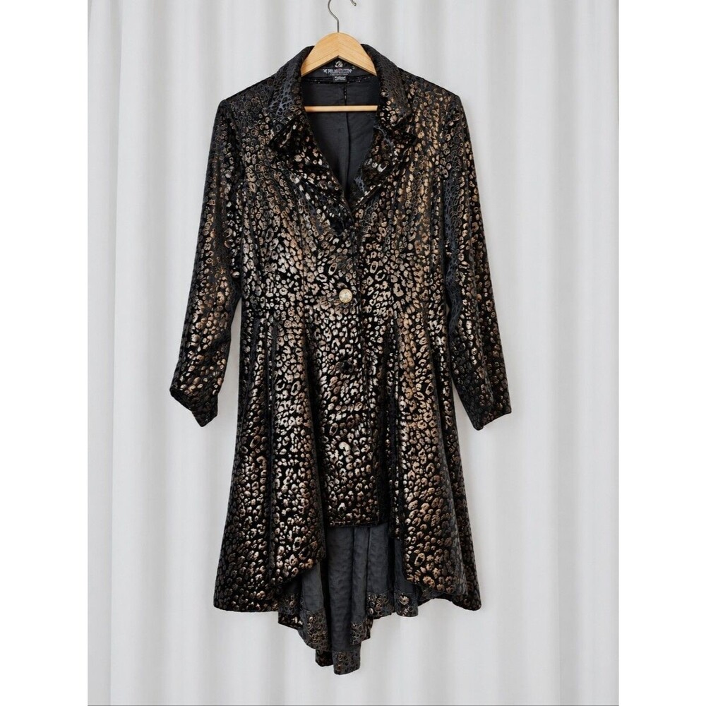 The Pyramid Collection Vintage Black Gold Leopard Velvet High Low Frock Jacket